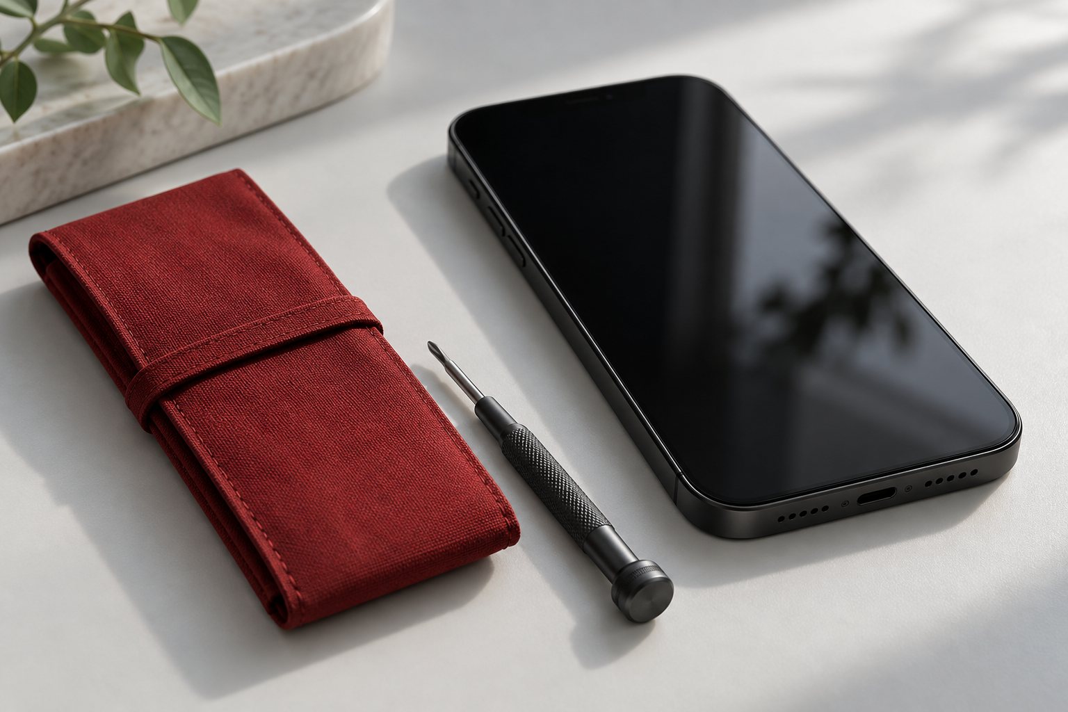Phone and repair tool photographed on a clean work surface
